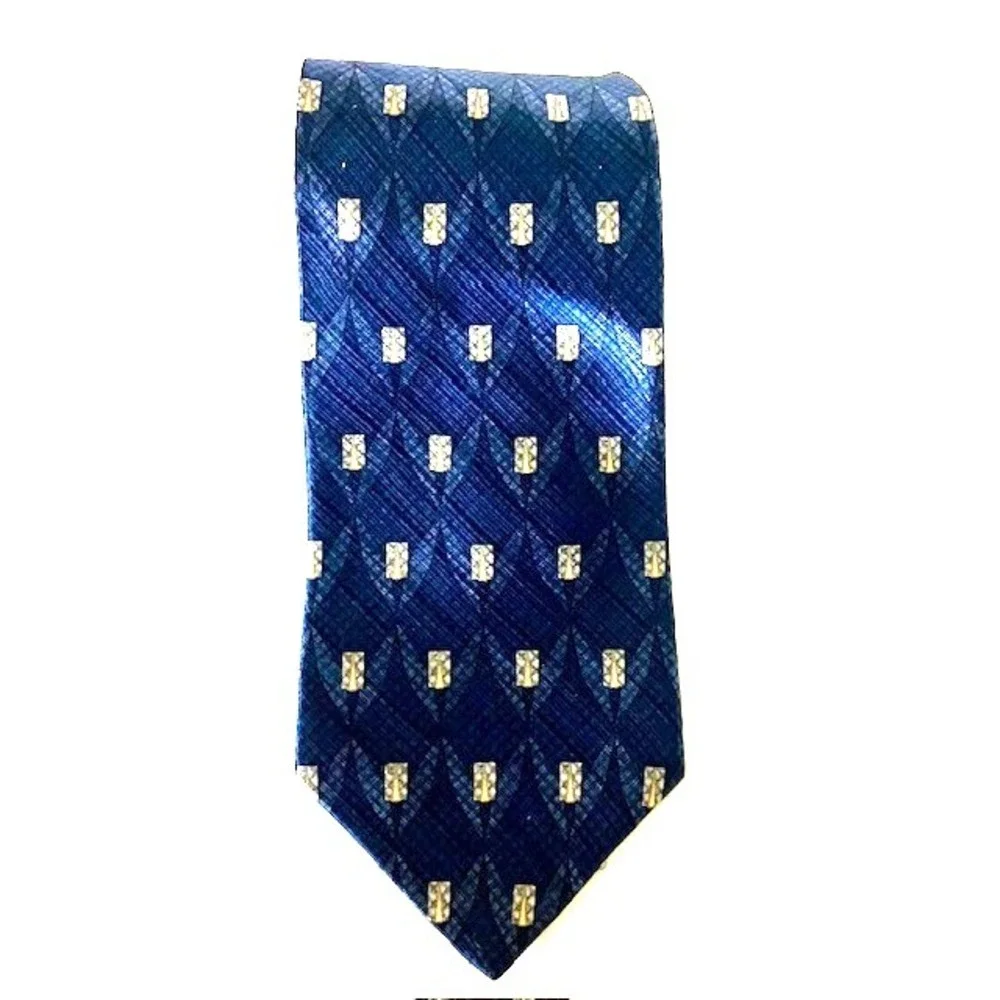 ZYLOS George Machado Men's Necktie Geometric Pattern Navy Blue Squares 100% Silk